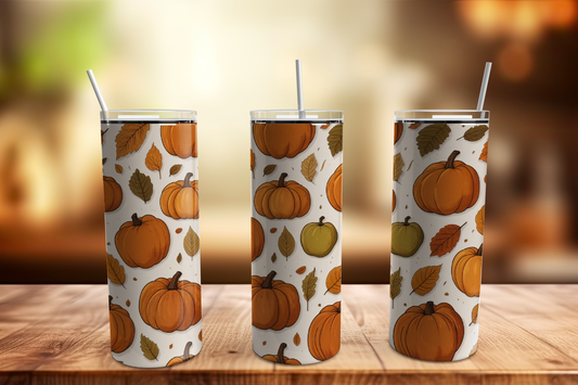 All Over Pumpkins w/White Background 20oz Skinny Stainless Tumbler