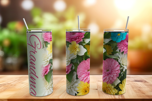 Grandma with Pink Flowers 20oz Skinny Stainless Tumbler