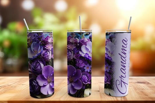 Grandma with Purple Flowers 20oz Skinny Stainless Tumbler