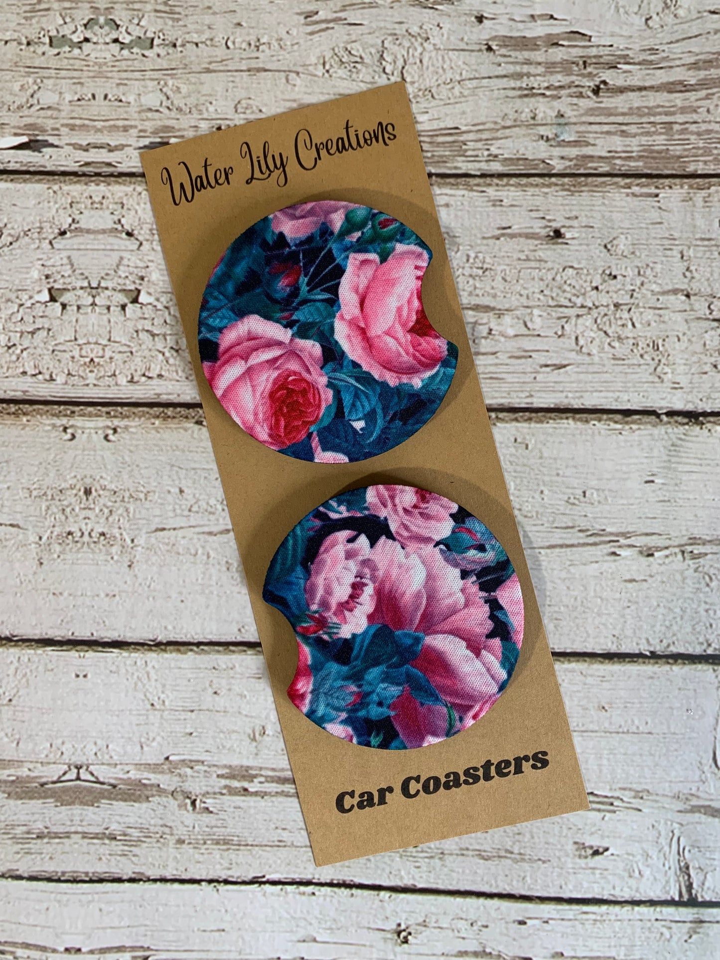 Cabbage Rose Neoprene Car Coasters